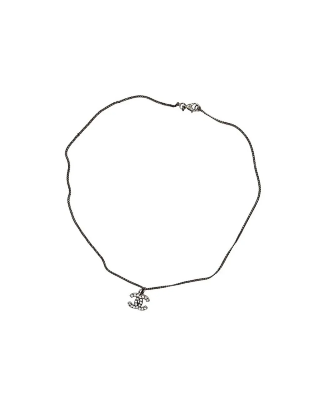 Chanel CC Logo Necklace 09 44 Rhinestone Metal Clear Silver